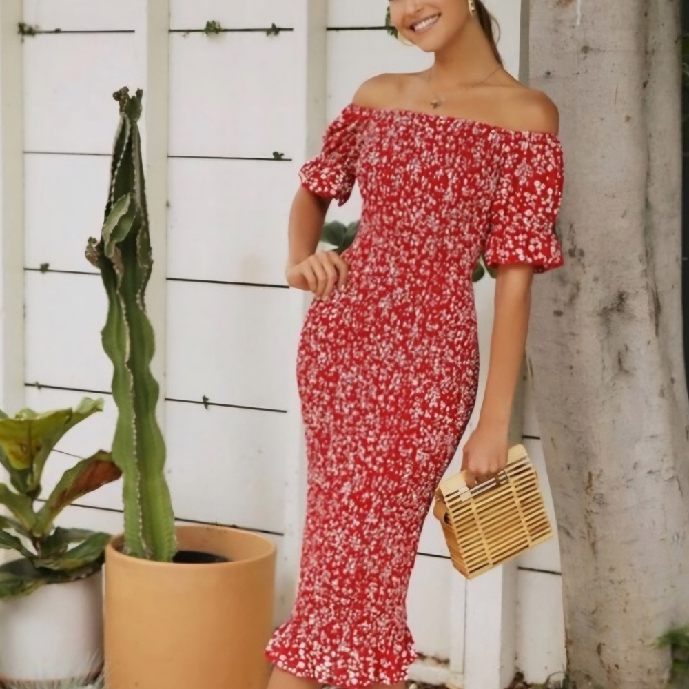 SHEIN Red and White Ruffled Off-Shoulder Midi Dress